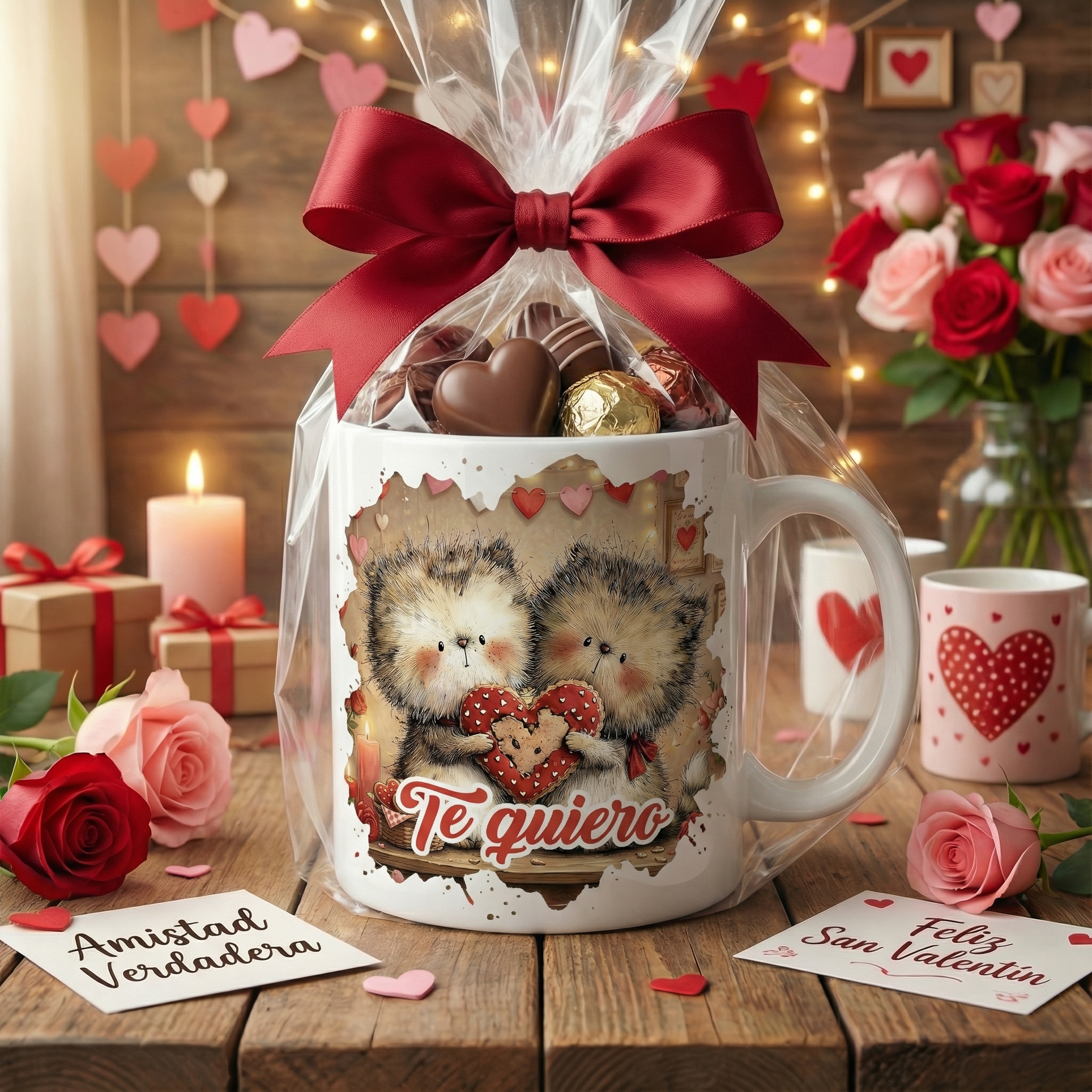 gatos con corazón en la mano en taza con chocolates